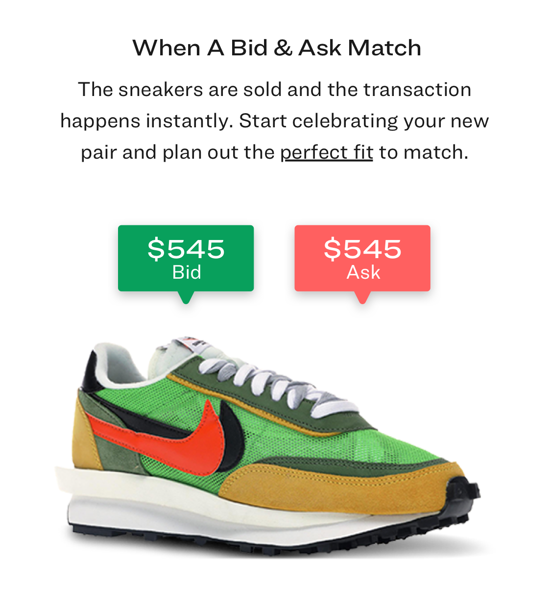 The sneakers are sold and the transaction happens instantly. Start celebrating your new pair and plan out the perfect fit to match.